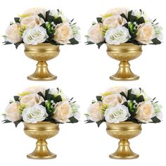 four gold vases with white and yellow flowers in them, on a white background