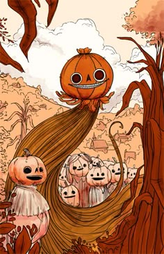 a drawing of a girl with long hair and pumpkins on her head in the woods