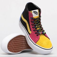 New Without Box Size Women’s 7 Men’s 5.5 Canvas And Suede Upper High Tops Multicolor **2 Yellow High-top Sneakers With Rubber Waffle Outsoles For Streetwear, Yellow High-top Sneakers With Rubber Waffle Outsoles, Multicolor Skate Shoes With Rubber Sole For Streetwear, Multicolor Rubber-sole Skate Shoes For Streetwear, Multicolor Skate Shoes With Rubber Waffle Outsoles For Streetwear, Yellow Leather High-top Sneakers With Vulcanized Sole, Multicolor Sneakers For Skateboarding, Multicolor Skateboarding Sneakers With Rubber Sole, Multicolor Sneakers With Rubber Sole For Skateboarding