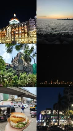 there are four different pictures that show the city at night and in the day time