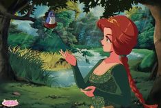 ariel from the little mermaid looking at something in her hand while standing next to trees