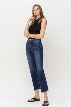 Flying Monkey High Rise Raw Hem Straight Jeans Comfort stretch denim designed with a high-rise silhouette, straight cut, medium wash, and finished with a raw hem. These jeans provide a flattering fit and classic style that is versatile for pairing with a variety of tops. Fit: True to size. Sizing: 24(0), 25(1), 26(3), 27(5), 28(7), 29(9), 30(11), 31(13), 32(15) Rise: 10" Fabric Content: 65% Cotton / 21% Polyester / 12%Viscose / 2% SpandexModel is 5'9" wearing size 26 *Online Exclusive* High Rise Dark Wash Cropped Jeans With Frayed Hem, Everyday Dark Wash Flare Jeans With Frayed Hem, Dark Wash Mid-rise Cropped Jeans With Frayed Hem, Medium Wash Straight Cropped Jeans With Frayed Hem, Straight Cropped Jeans With Frayed Hem In Medium Wash, Sleeveless Kimono, China Style, Timeless Wardrobe, Flying Monkey