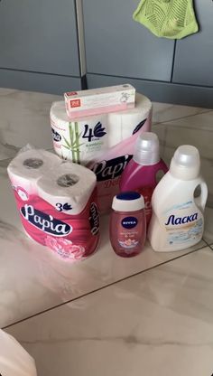 several different types of toiletries on a counter