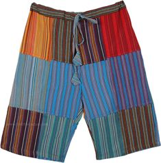 These hand-loomed cotton bermuda shorts are a bright addition to a casual summer wardrobe and are extremely comfortable in the summer heat. The drawstring adds to the ease of wear, comfort and flexibility. These shorts have a large wallet pocket at the back and two inner pockets on the sides. Cotton Knee-length Beach Bottoms, Knee-length Cotton Bottoms For Beach, Knee-length Cotton Beach Bottoms, Blue Cotton Patchwork Shorts, Multicolor Bermuda Shorts For Beach, Knee-length Cotton Shorts For Vacation, Colorful Cotton Bottoms For Summer, Casual Multicolor Bermuda Bottoms, Multicolor Patchwork Shorts For Vacation