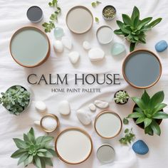 the words calm house are surrounded by various pots and plants on a white sheet with succulents