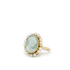 Little Lovelies Gold-Plated Green Cameo Pearly Ring | Vintouch Italy | Wolf & Badger Olympic Jewelry, Carved Porcelain, Nails And Outfits, Blue Bridal Earrings, Vintage Wedding Rings, Colorful Eclectic, Cameo Jewelry, Blue Bridal, Forever Jewelry