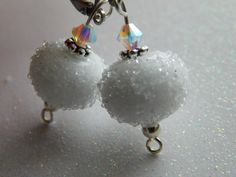 Sugared Snowball Earrings White Snowball Earrings White White Round Crystal Earrings For Pierced Ears, White Hypoallergenic Round Crystal Earrings, White Hypoallergenic Crystal Earrings, White Hypoallergenic Crystal Earrings For Party, Lampwork Jewelry, Lampwork Earring, Winter Jewelry, Winter Wonderland Wedding, 2 Earrings