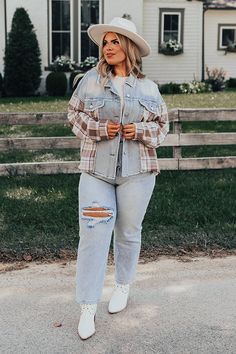 - Be a coffee run cutie in this trendy fall jacket! - Unlined soft cream and brown colored plaid material as well as non-stretch denim with frayed accent seams - A collared neckline - A button down front - Functional chest pockets - Long loose sleeves with button closure cuffs - A relaxed silhouette that ends in an uneven frayed hemline Trendy Fall Jackets, Plaid Material, Coffee Run, Loose Sleeves, Trendy Fall, Fall Jackets, A Coffee, Brown Color, Stretch Denim