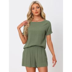 Made of linen fabric, soft, lightweight, and breathable, the 2-pieced outfit set features a regular fit with short sleeves to create a casual and cool daily look. High-waisted shorts with two functional pockets are convenient, which is an effortless outfit to match with any other pieces in your wardrobe. The loose-fit loungewear set is perfect for girls of all shapes, providing you with a casual fashion look. The tracksuit with simplicity is versatile to be paired with sandals or sneakers to bri Casual Solid Linen Set, Casual Linen Sets For Summer, Casual Linen Sets For Vacation, Casual Linen Summer Set, Summer Solid Color Short Sets, Solid Color Short Length Summer Sets, Solid Short Length Summer Sets, Casual Solid Color Vacation Sets, Casual Solid Color Sets For Vacation