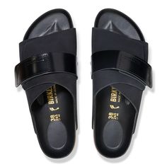 Kyoto Nubuk Leather Classic Black Double Strap Sandals, Modern Slip-on Slides With Arch Support, Modern Black Slides With Buckle Closure, Modern Leather Slides With Buckle Closure, Modern Slip-on Slides With Heel Loop, Modern Leather Slides With Double Strap, Black Leather Double Strap Slides, Classic Leather Footbed Sandals With Arch Support, Modern Slides With Heel Loop