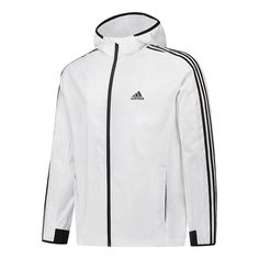 adidas Men's Sport Woven Windbreaker Jacket White GQ0623 White Adidas Logo Functional Track Jacket, White Adidas Functional Track Jacket, White Functional Adidas Track Jacket, Adidas Functional Windbreaker With Logo, Sporty Adidas Windbreaker With Logo, White Sporty Windbreaker With Breathable Fabric, Functional Hooded Outerwear With Three Stripes, White Adidas Hooded Track Jacket, Adidas Sporty Windbreaker With Three Stripes