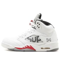 If you're a sneakerhead, then you know that the Supreme x Air Jordan 5 Retro 'White' is one of the most highly anticipated releases of the year. These kicks are the result of a rare collaboration between two of the biggest names in the game, and they definitely don't disappoint. Featuring a reflective silver tongue with '94' branding and 'Sup' lettering on the quarter panel, these kicks are sure to turn heads wherever you go. The white leather upper is mounted atop a matching white midsole with red shark tooth detailing, completed with a black rubber outsole. (AJ5/SNKR/High Top/Basketball) Sporty White Air Jordan 4 With Abzorb Midsole, Air Jordan 4 Boost Midsole High-top, White Air Jordan 4 Low-top With Abzorb Midsole, Air Jordan 4 High-top With White Sole For Streetwear, Air Jordan 4 Lace-up With Abzorb Midsole For Streetwear, White Streetwear Basketball Shoes, Air Jordan 4 High-top With Abzorb Midsole, Air Jordan 4 Mid-top White Sole For Streetwear, Sporty Air Jordan 4 With Abzorb Midsole For Streetwear