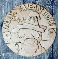 a wooden plaque that says, happy halloween with a witch on it's head