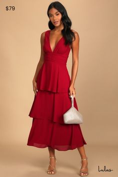 Any event will feel like a celebration when you're in the Lulus Celebration Time Red Sleeveless Tiered Midi Dress! Woven chiffon shapes this chic dress that has wide straps, a V-neckline (and back), and a fitted bodice. A gathered waist tops an A-line midi skirt that's accented with flouncy tiers. Hidden side zipper/clasp. Fit: This garment fits true to size. Length: Mid-calf length. Size medium measures 50.5" from shoulder to hem. Bust: Great for any cup size. Waist: Fitted - very fitted at nat Red V Neck Dress, Formal Wedding Guest Dress, Best Wedding Guest Dresses, Long Red Dress, Chiffon Midi Dress, Midi Ruffle Dress, Tiered Midi Dress, Different Dresses, Lulu Dresses