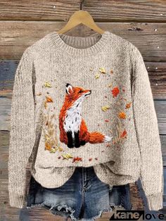 Forest Floral Fox Face Embroidery Art Cozy Knit Sweater Embroidery On Knitted Items, Embroidery Ideas Clothes, Long Sweater Jacket, Leaves Embroidery, Fox Sweater, Mode Tips, Cozy Knit Sweater, Fox Print, Falling Leaves