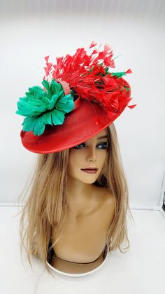 Beautiful  Red and Green sinamay Fascinator with multicolor accents. Wedding Fascinator Bridesmaids Hat Kentucky Derby Cocktail Party Tea Party Guest Easter Kate Middleton  - Lightweight  - Ready to ship - Fast Shipping - Free Shipping - Group discount available - Customize by adding different color flowers and or feathers CHECK OUT MY STORE FOR OTHER STYLES & COLORS: etsy.com/shop/Hatsandpearls Find more at my website for more styles: www.hatsandpearls.com  Reach out to me if you can't find wha Short Brim Party Hat For Carnival, Red Carnival Party Costume Hats And Headpieces, Red Carnival Costume Hats And Headpieces For Party, Red Mini Hat For Kentucky Derby Races, Red Mini Hats For Carnival Party, Red Mini Hats For Party Carnival, Carnival Party Red Mini Hats, Red Fascinator For Kentucky Derby Races, Red Curved Brim Fascinator For Garden Party