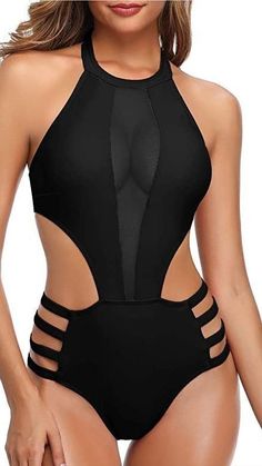 Flattering Bathing Suit, Black One Piece Bathing Suit, Mesh Swimsuit, High Neck Halter, Halter Swimwear, Spandex Top, Monokini Swimsuits, Off Shoulder Fashion, Type One