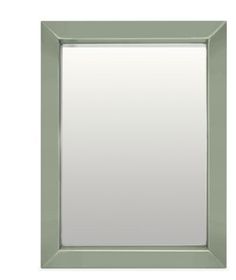 a square mirror with a light green frame on the front and bottom half of it