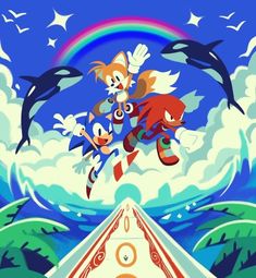 sonic the hedgehog and tails are flying through the air in front of a rainbow