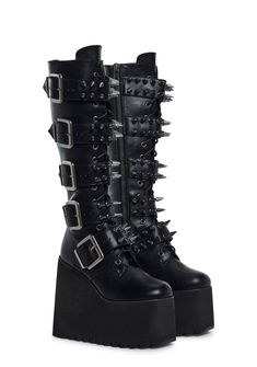 cuz you're burning it all down to the ground babe! Go off in these wicked platform boots that have spiked adjustable buckles all over, embossed logos on the soles, N' side zip closures. Black Gothic Boots, Buckle Platform Boots, Boots Goth, Knee High Black Platform Boots, Gothic Platform Boots, Goth Boots Drawing, Alternative Boots, Platform Boots Goth, Alt Boots