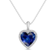 A rich heart-shaped blue lab-created sapphire gleams within a frame of white lab-created sapphires on this stunning necklace for her. Fashioned in classic sterling silver, the pendant sways from an 18-inch cable chain that secures with a lobster clasp. Blue Heart Necklace, Sapphire Heart Necklace, Gold Layered Bracelets, Neil Lane Engagement Rings, Pearl Diamond Jewelry, Titanic Jewelry, Cross Jewelry Necklace, Fan Jewelry, Crystal Heart Necklace