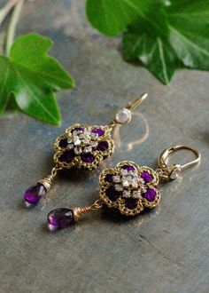 Small Flower Drop Earrings | Gold, Purple, Amethyst Handmade Elegant Flower Crystal Earrings, Elegant Handmade Flower Crystal Earrings, Elegant Purple Flower Earrings With Handmade Flowers, Purple Handmade Flower Jewelry For Wedding, Handmade Purple Flower Jewelry For Wedding, Handmade Purple Floral Jewelry For Weddings, Elegant Purple Handmade Flower Earrings, Purple Handmade Flowers Jewelry For Wedding, Knitted Jewelry