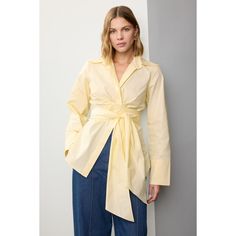 Yellow cotton (100% Cotton). Top. Long sleeves. Collared neckline. Front button closure. 29" from shoulder to hemline. Imported. Chic Spring Blouse With Spread Collar, Long Sleeve Cotton Blouse For Office, Spring Daywear Blouse With Spread Collar, Cotton Tops With Spread Collar For Workwear, Cotton Tops With Button Cuffs For Work, Fall Cotton Blouse With Placket, Fall Cotton Blouse With Button Cuffs, Cotton Blouse With Placket For Fall, Cotton Blouse With Button Cuffs For Fall