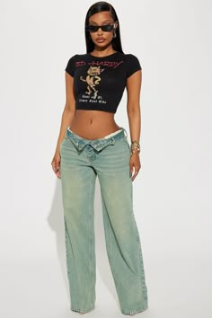 Frankie Foldover Tinted Wide Leg Jeans - Medium Wash Fold Over Jeans Outfit, Blue Washed Jeans Outfits, Jeans With Holes Outfit, Low Rise Jeans Outfit Black Women, Jean Outfits Black Women, Fashion Nova Graphic Tees, Jean Outfit Black Women, Unbuttoned Jeans, Baddie Jeans