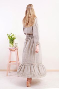 Linen long dress in style boho/hippie stryle.Long sleeves, lowers waist linen elasticated, with frill at bottom.Pure linen laces at neck line, sleeves bottom and frill bottom and attaching seam.Dress center back lenhth - 130cmDress quality washed - should not shrink anymore.For this item I recommend handwashing machine cycle with delicate detergents and no bleachers. On picture S size model wears S size dress in natural undyed flax color.CARE RECOMMENDATION FOR ITEMS WITH LINEN LACES: after wash Long Sleeve Peasant Linen Dress, Peasant Linen Dress With Long Sleeves, Bohemian Linen Midi Dress For Vacation, Linen Maxi Dress For Spring, Spring Maxi Linen Dress, Bohemian Beige Long Sleeve Midi Dress, Fitted Bohemian Linen Dress, Spring Beige Linen Bohemian Dress, Spring Bohemian Beige Linen Dress