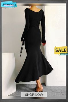 Black Daily Long Sleeve Elegant Cross Neck Dress Black Maxi Dress For Evening, Black Solid Color Maxi Dress For Fall, Fitted Solid Black Midi Dress, Black Long Sleeve Maxi Dress For Winter, Chic Black Maxi Dress For Fall, Black Solid Midi Dress For Winter, Black Winter Midi Dress, Black Solid Color Winter Dress, Black Long Midi Dress For Winter