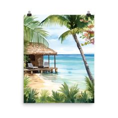 a tropical beach scene with a hut and palm trees