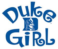 duke's girl logo in blue and white with zebra print on the bottom right corner