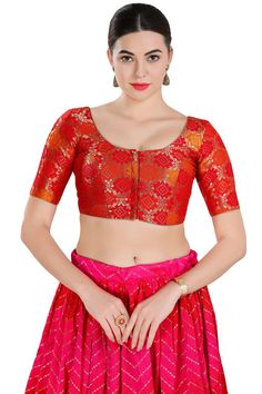 Buy Women's Red Jacquard Readymade Saree Blouse Online Elegant Fitted Jacquard Blouse, Fitted Red Blouse For Celebration, Brocade Padded Blouse For Party, Fitted Blouse Piece For Celebration, Padded Brocade Party Blouse, Padded Choli For Celebrations, Red Fitted Choli For Formal Occasions, Formal Fitted Red Choli, Formal Red Fitted Choli