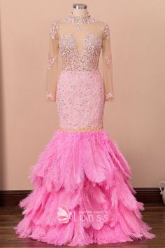 Pink Feathered Prom Dress, Pink Long Sleeve Dress With Feather Trim, Pink Feather Trim Wedding Dress, Lunss Dresses, Pink Lace Prom Dress, Light Pink Dresses, Pink Prom Dresses Mermaid, Dress With Fur, Black Designers