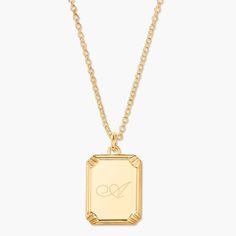 This beautiful Presley Pendant is the perfect way to show your personal style. Crafted from 14k gold, it can be engraved with a special message to add a unique personal touch. Let this timeless pendant make every day a little more special. Available in 14k gold plated Pendant measures 5/8"x1/2" 18" oval cable chain with 2" extender Lobster claw closure Protected with an anti-tarnish barrier With engraving this item is FINAL SALE SKU: BYN1419 Elegant Nameplate Initial Necklace For Anniversary, Elegant Personalized Initial Necklace For Formal Occasions, Classic Square Pendant Jewelry As Gift, Classic Rose Gold Plated Charm Necklaces, Classic Gold Charm Necklace With Square Pendant, Classic Square Pendant Jewelry Gift, Classic Pendant Initial Necklace As A Gift, Classic Yellow Gold Initial Necklace For Mother's Day, Classic Initial Necklace As A Gift