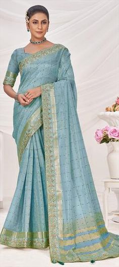 Blue color Saree in Banarasi Silk fabric with Border, Embroidered, Sequence, Zari work Blue Dola Silk Saree For Reception, Light Blue Art Silk Traditional Wear For Wedding, Light Blue Embroidered Saree For Diwali, Light Blue Chanderi Saree For Wedding, Blue Dola Silk Traditional Wear For Wedding, Wedding Blouse Piece With Cutdana In Light Blue, Light Blue Wedding Traditional Wear With Zari Work, Wedding Light Blue Blouse Piece With Cutdana, Wedding Light Blue Cutdana Blouse Piece