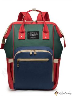 BirdinBag - Classic Color Block Backpack with Letter Patch Decor Green Backpack For Errands, Multifunctional Green Backpack Bag, Multifunctional Red Rectangular Bag, Multicolor Travel Backpack Satchel, Green Large Capacity Diaper Bag For Travel, Red Rectangular Travel Backpack, Rectangular Red Travel Backpack, Multicolor Portable Bags For Back To School, Multicolor Softback Travel Bag