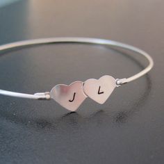 Two Hearts Bracelet Personalized Wedding Gift for by FrostedWillow, $31.95 Minimalist Initials Bracelet For Anniversary, Sterling Silver Bracelets With Initials For Anniversary, Silver Heart Name Bracelet For Personalized Gift, Silver Heart-shaped Name Bracelet For Personalized Gift, Personalized Silver Name Bracelet With Heart Shape, Personalized Initials Bracelets For Valentine's Day, Silver Heart Bracelets For Anniversary Gift, Minimalist Bracelets For Valentine's Day Personalized Gift, Silver Heart Bracelet For Anniversary Gift