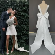 a man and woman kissing in front of a dress made out of white cloths