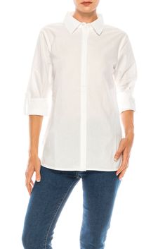 This button-down shirt is made from 100% natural cotton, and features an exquisite floral embroidery on the back. Model is 5’8” - wearing size small. Model Bust: 34” Hand-wash cold, lay flat to dry.Made in India. Everyday Cotton Blouse With Roll-up Sleeves, Cotton Daywear Blouse With Rolled Sleeves, Cotton Blouse With Rolled Sleeves For Daywear, Cotton Shirt With Roll-up Sleeves And Shirttail Hem, Cotton Shirt With Rolled Sleeves For Daywear, Cotton Shirt With Shirttail Hem For Daywear, Cotton Blouse With Spread Collar And Placket, Cotton Shirt With Rolled Sleeves And Shirttail Hem, Elegant Cotton Shirt With Shirttail Hem