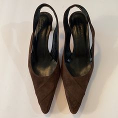 Never Worn Valentine Chocolate Brown Suede Sling Back Pointed Toe/2”Squared Heel::Sz 8 B Heels Italy Pre Owned But Never Worn Condition Classic Brown Slingback Pumps With Low Heel, Brown Pointed Toe Slingback Pumps, Fitted Brown Slingback Pumps With Pointed Toe, Brown Low Heel Slingback Pumps For Party, Brown Ankle Strap Kitten Heels For Formal Occasions, Elegant Brown Low Heel Slingback Pumps, Brown Pointed Toe Slingback Pumps With Wrapped Heel, Brown Slingback Kitten Heels For Evening, Elegant Fitted Brown Slingback Pumps