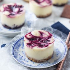 a cheesecake on a blue and white plate