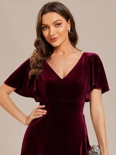 Embrace your inner diva with our sensational Double V-Neck Short Sleeves Stretchy Velvet Evening Dress with Lotus Leaf Hem. Crafted from luxurious velvet, this dress features a flattering double V-neckline, short sleeves, and a charming lotus leaf hem. Perfect for glamorous events like weddings, holiday parties, or a romantic dinner date, this dress will make you feel like a star on the red carpet. Fit: Please refer to size chart. Length: Floor length. Sleeve Style:Short sleeves. Closure: It is Bustle Dresses, Quincenera Dresses, Velvet Evening Gown, Velvet Evening Dress, Lotus Leaves, Neckline Designs, Lotus Leaf, Romantic Dinner, Evening Dresses Elegant