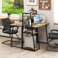 an office with two desks and chairs in front of a window