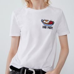 Who Doesn’t Love A Food Party? Fun Embroidery... Your Shirt Can Be The Conversation Starter White Graphic Print T-shirt For Brunch, White Embroidered T-shirt For Summer, White Crew Neck T-shirt For Brunch, White Crew Neck T-shirt With Floral Embroidery, White T-shirt With Embroidered Text For Summer, Trendy Summer T-shirt With Embroidered Logo, Trendy Embroidered Logo T-shirt For Summer, White Short Sleeve T-shirt For Brunch, Trendy White T-shirt For Brunch