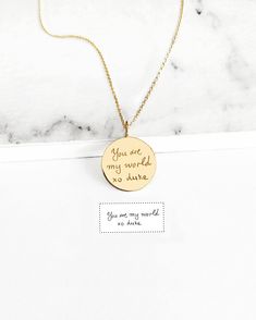 14mm 14K 9K Handwriting Charm Necklace, Personalized Handwritten Pendant, Engraved Disc Necklace, Custom Handwriting Jewelry, Solid gold layering necklace, BFF Gift, Gift for her, FREE EXPRESS SHIPPING Dainty solid gold disc charm necklace engraved with YOUR handwritten message. A personal and beautiful gift for every occasion! ------------------------------------------- D E T A I L S 14K Solid Gold or 9K Solid Gold Disc diameter: 14mm / approx. 0.55'' Personalized Handwriting - Both sides can b 14k Gold Pendant Necklace With Engraving Option, Gold Sterling Silver Charm Necklaces With Engraving Option, Gold Charm Necklaces With Engraving Option, Engraved Gold Plated Charm Necklaces With Round Shape, Gold Round Charm Necklaces With Engraving Option, Engraved Gold Plated Round Charm Necklaces, Engraved Round Gold-plated Charm Necklaces, Gold 14k Memorial Necklace, Gold Plated Engraved Charm Necklace With Round Shape