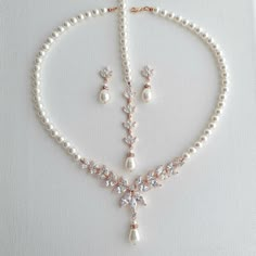 Rose Gold Pearl Necklace and Earrings Wedding Jewelry Set Backdrop Earrings, Pearl Wedding Jewelry Sets, Bridal Jewelry Pearl Sets, Rose Gold Bridal Jewelry, Pearl Necklace And Earrings, Crystal Bridal Jewelry Sets, Backdrop Necklace, Pearl Earring Set, Bridal Pearl Necklace