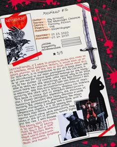 an open book with red splatters and black writing on the pages, featuring images of different characters