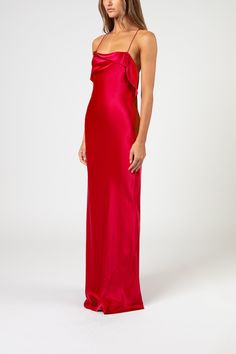 Bias gown with cowl and ruffles in pure silk satin. Features delicate spaghetti straps. Fully lined in silk. Imported. Composition: 100% silk Senior Ball Dresses, Silk Formal Dress, Girl Prom, Cute Formal Dresses, Fancy Fits, Red Silk Dress, Prom Inspo, Prom 2024, Prom Queen