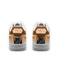 a pair of star wars shoes with an orange and white background